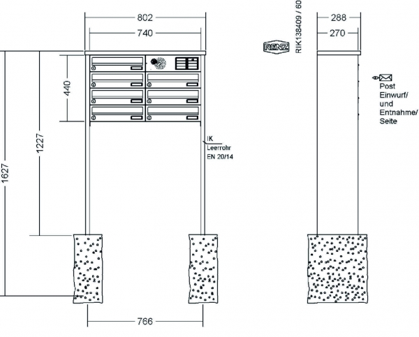 RENZ Briefkastenanlage freistehend, Tetro, Edelstahl V4A, Kastenformat 370x110x270mm, mit Klingel - & Lichttaster und Vorbereitung Gegensprechanlage, 7-teilig